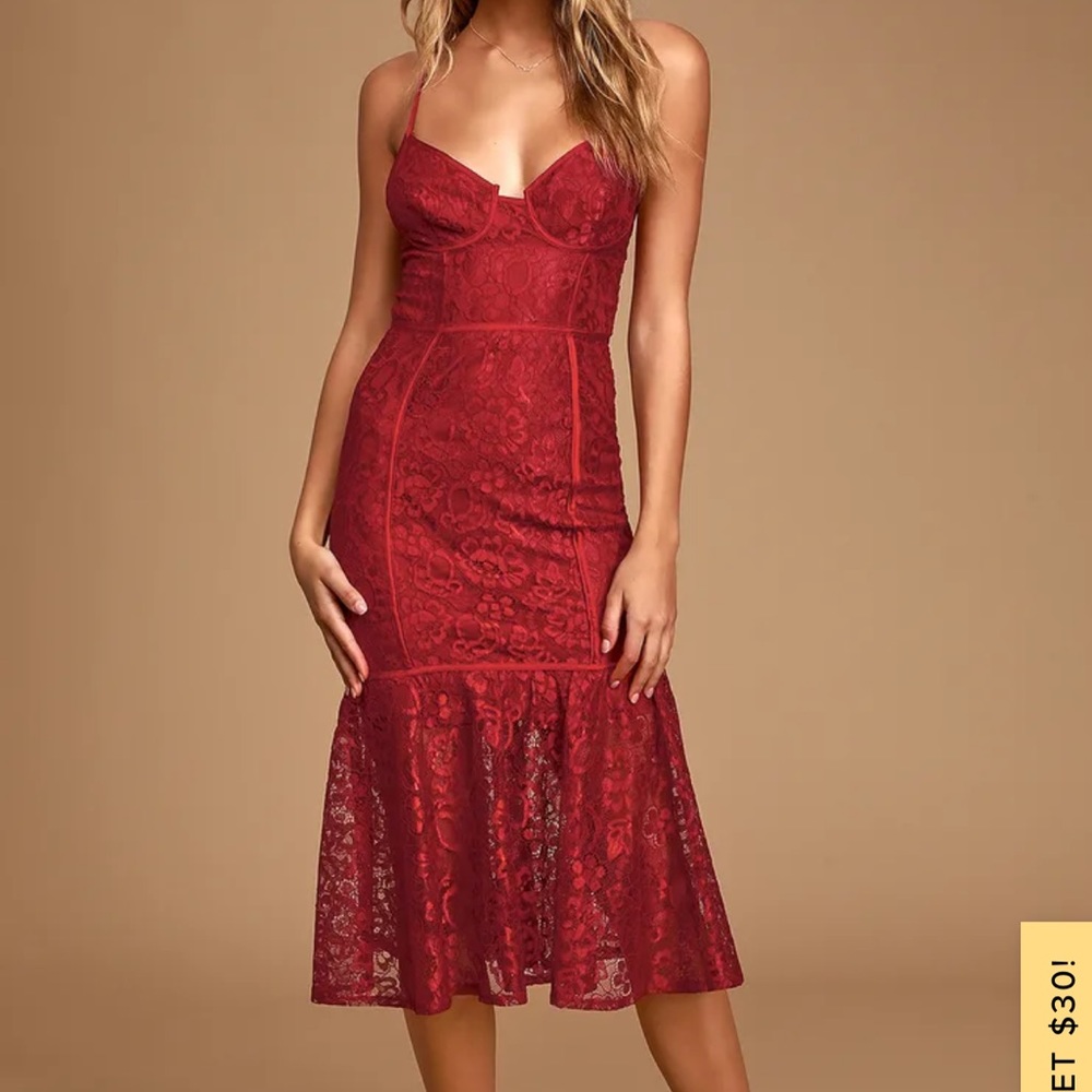 Lulu’s Lucky Looks Wine Red Lace Bustier Trumpet Midi Dress